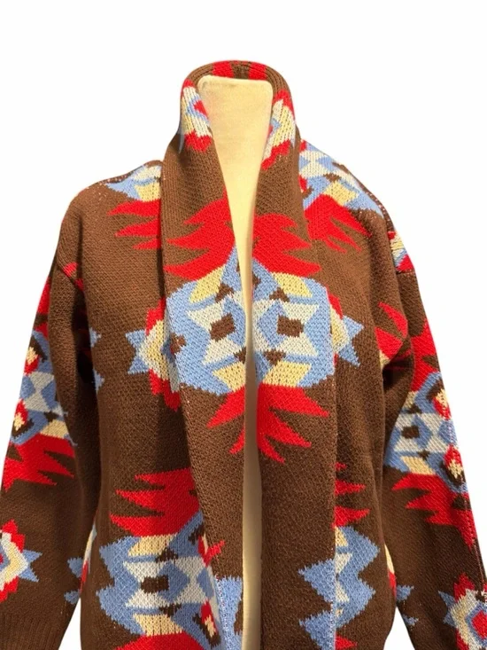 Lucky Brand Southwestern Aztec Geometric Pattern Open Front Sweater Shawl Collar - Picture 3 of 9